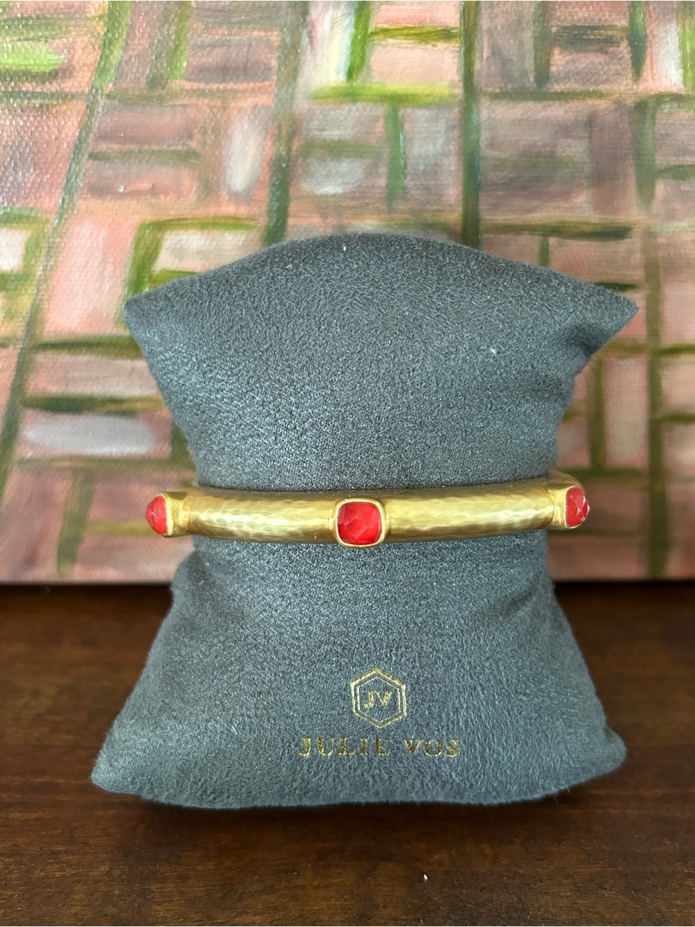 Julie Vos Gold Bangle with Iridescent Strawberry Stone Accents